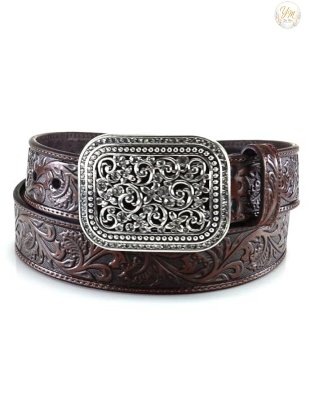 Women's Rhinestones Embossed Leather Belt, Silver Buckle